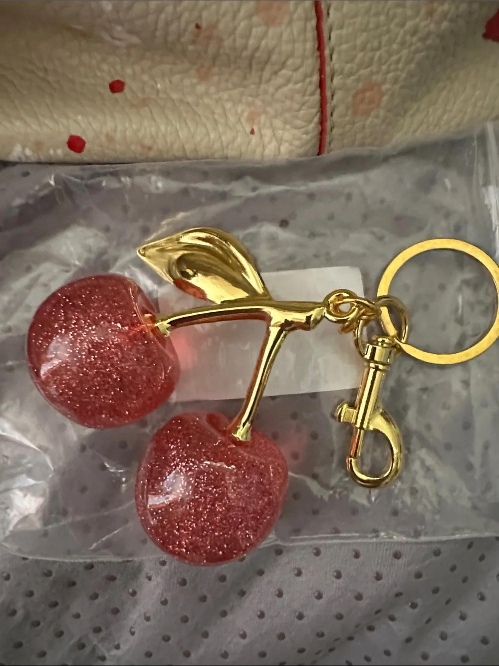 Gold Cherry Keychain with Sparkling Pink Charms